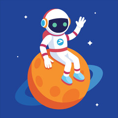 Astronaut Sitting On Planet And Waving Hand Cartoon Vector Icon Illustration - Science Technology Icon Concept Isolated
