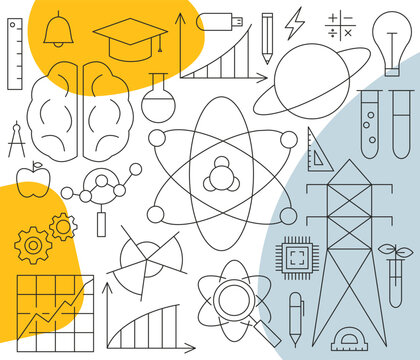 Science Nuclear Physics Line Concept. Vector Illustration of Education Outline Banner. Linear Laboratory Subject Sign.