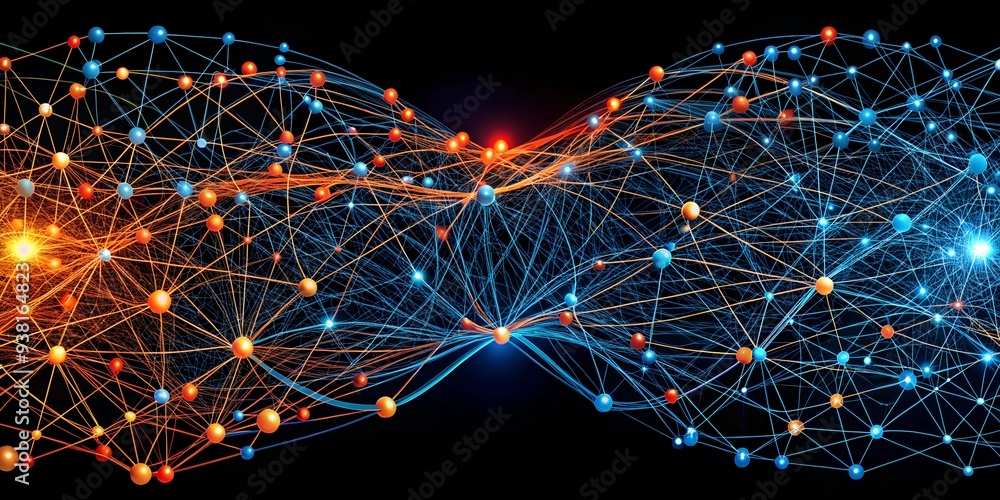 Poster neural network symphony: a vibrant 3d rendering of interconnected neurons firing, symbolizing the co