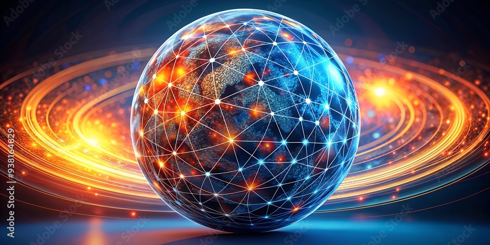 Aufkleber global network convergence: a high-tech earth pulsates with data, signifying global connectivity and