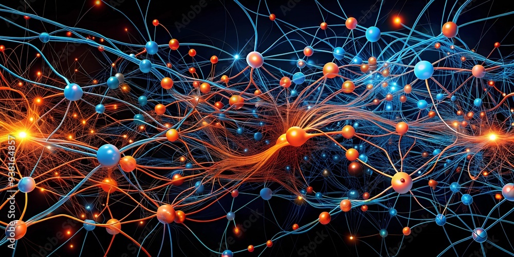 Poster neural network symphony: a vibrant 3d rendering of interconnected neurons firing, symbolizing the co