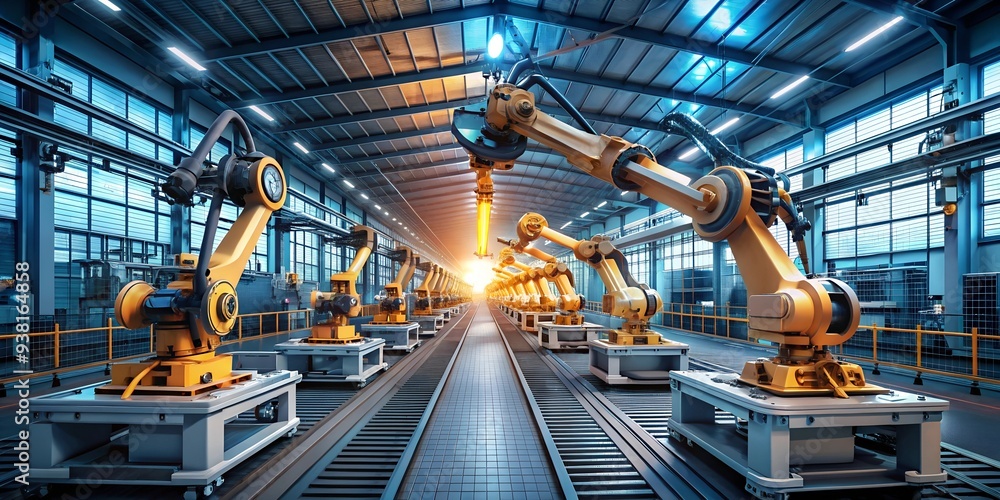Poster automated assembly line: a symphony of robotic arms working in unison, symbolizing the future of man
