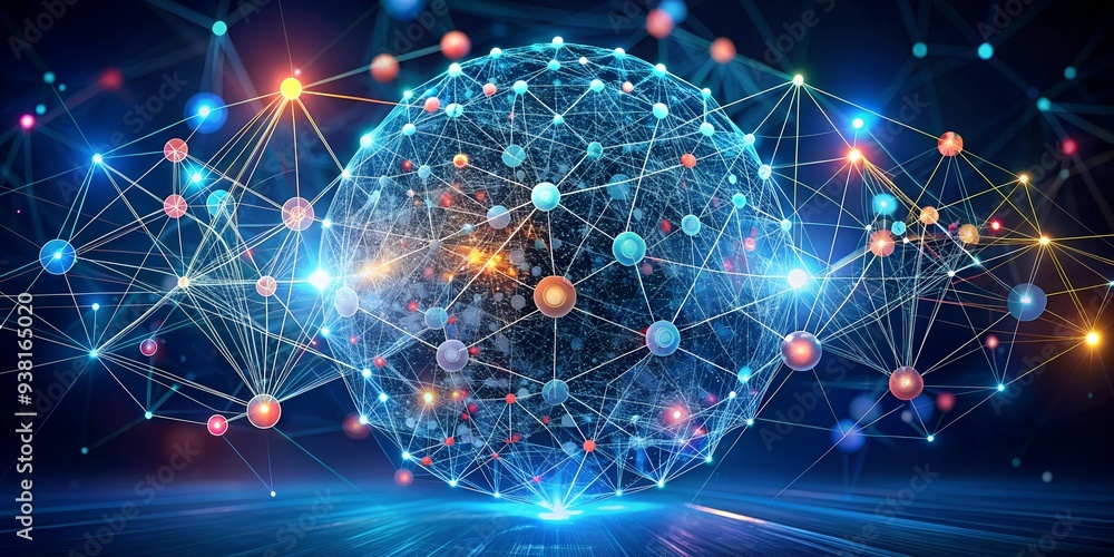 Poster global network convergence: a radiant sphere of interconnected nodes pulsates with data, symbolizing