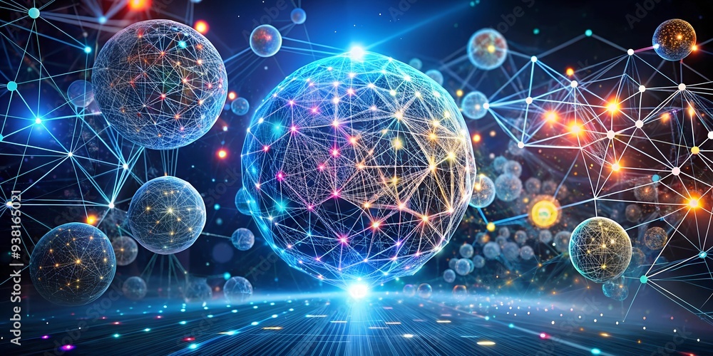Poster global network: a mesmerizing abstract visualization of a glowing blue sphere connected to a network