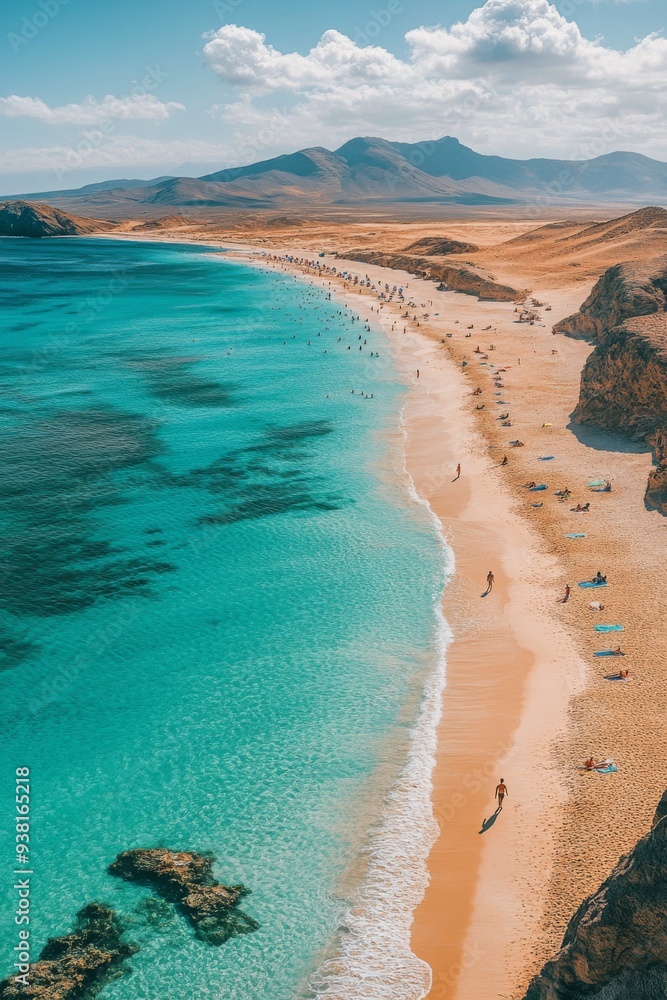 Wall mural sunny beach with golden sand and clear turquoise water under a blue sky