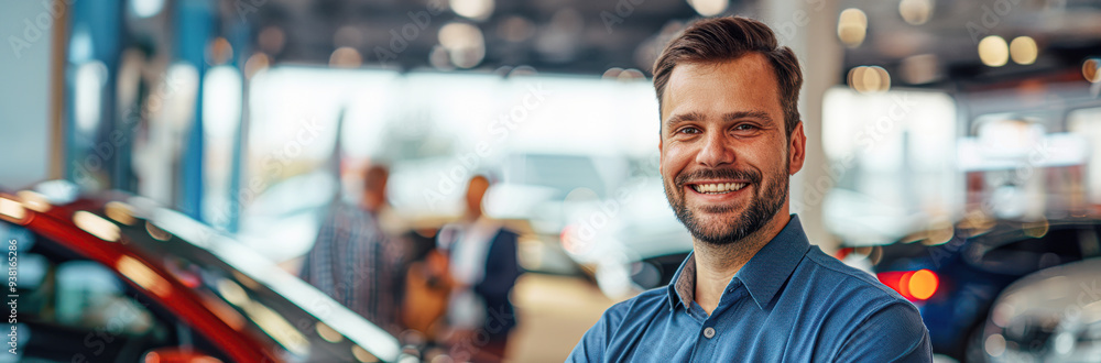 Poster A man is smiling in front of a car