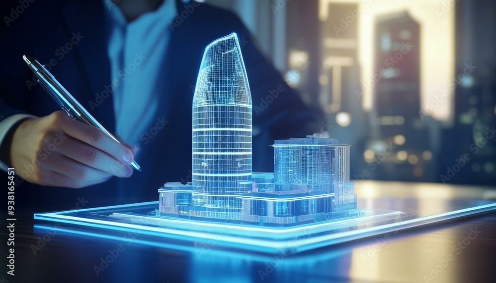 Poster concept holo blue 3d render miniature model maquette of small skyscraper building on table in real e