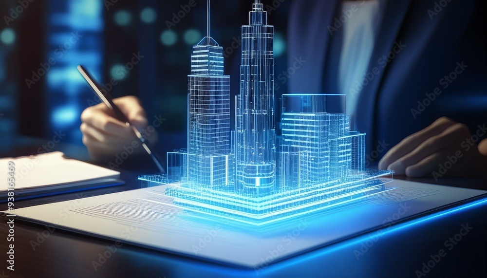 Poster concept holo blue 3d render miniature model maquette of small skyscraper building on table in real e