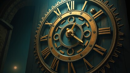 Vintage Clock Face with Roman Numerals and Intricate Gears