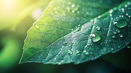 Close-Up of a Fresh Dewy Leaf with Water Droplets, showcasing vibrant green hues and intricate water droplets glistening in the sunlight