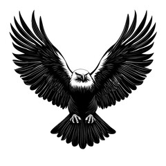 Obraz premium Black and white illustration of a bald eagle with wings spread wide.