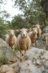 Fototapeta premium Sheep grazing among rocky terrain in a serene countryside setting