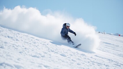 Snowboarder carving through fresh powder on a sunny day