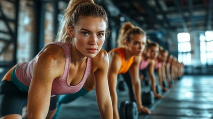 Women practicing yoga and fitness exercises in a bright gym setting in the morning