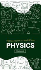 Line Flyer Physics Science. Vector Illustration of Education Outline Concept. Linear Laboratory Subject Sign Background.