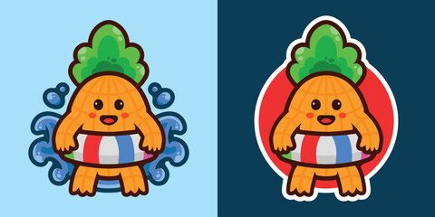 Cute pineapple character wears a swimming ring to swim logo mascot vector illustration