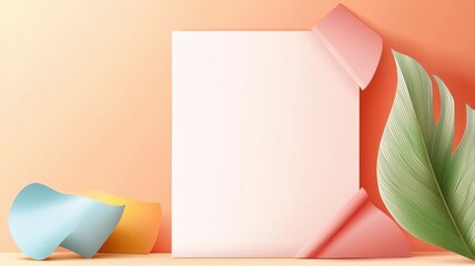 A minimalistic scene featuring a blank sheet of paper, colorful curls, and a green leaf against a soft pastel background.