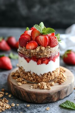 Fresh strawberry parfait with yogurt and granola on a dark countertop