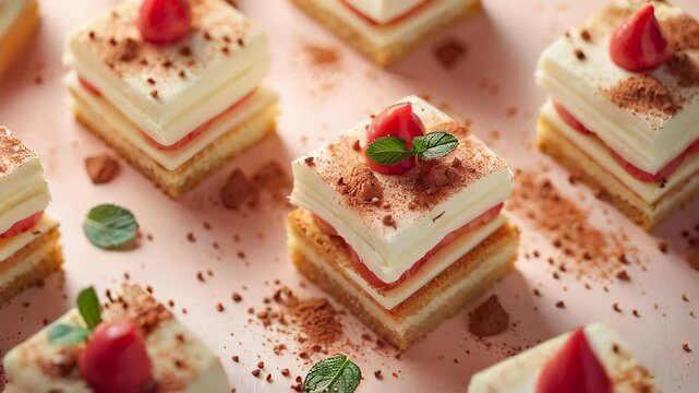 A row of desserts with chocolate and mint toppings