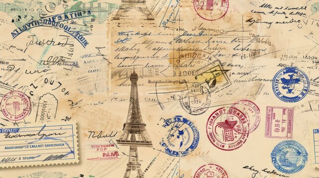Vintage Postcard with Eiffel Tower and Stamps