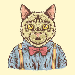 Hand Drawn Cute Cat with Shirt and Bowties Vector Illustration