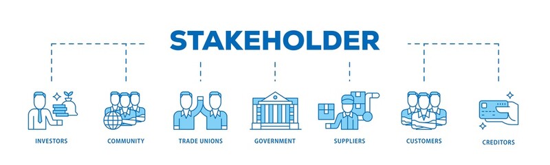 Stakeholder icon infographic illustration concept with icon of community, trade unions, suppliers, and customers icon png and easy to edit 