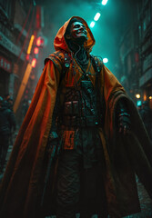 Naklejka premium a man in a red cloak and a red caper walking down a dark alley