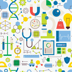 Physics Chemistry Seamless Pattern. Vector Illustration of Solid Colorful and Outline Education Background. Mechanics and Optics Sign..