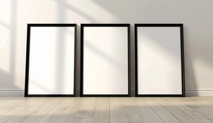 3 black frames standing on the floor, a blank white poster in each frame, a neutral background, wooden flooring, soft lighting, a close-up shot