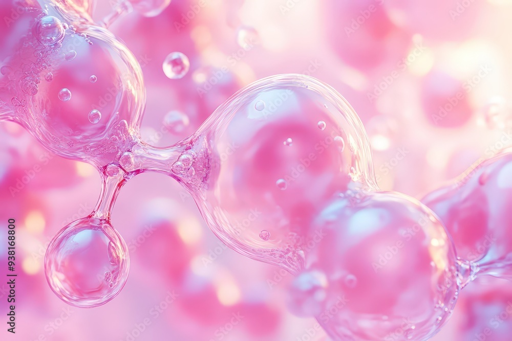 Poster microscopic harmony: a mesmerizing 3d render of translucent, interconnected bubbles in a soft pink h
