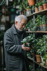 Elderly man tending to plants in a greenhouse during the afternoon