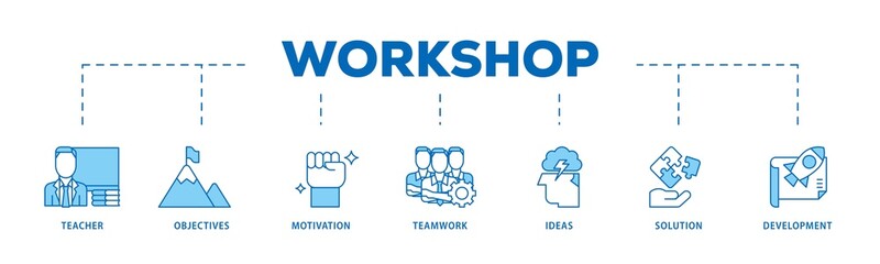 Workshop icon infographic illustration concept with icon of teacher, objectives, motivation, teamwork, ideas, solution, and development icon png and easy to edit 