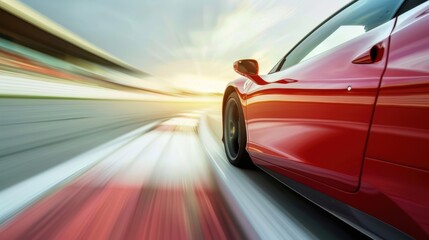 Obraz premium Red Sports Car Speeding on a Race Track