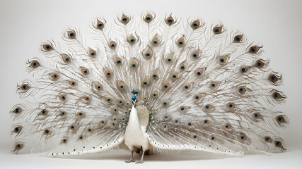 Obraz premium elegant white peacock with feathers spread, isolated on white background