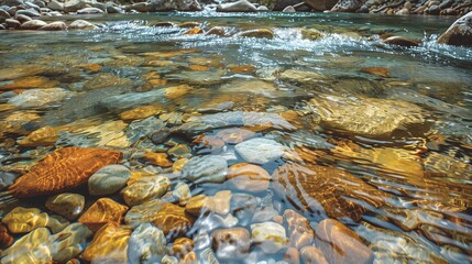A crystal-clear mountain stream with pebbles visible below.