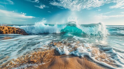 A crystal-clear ocean wave rolling onto a rocky shore.