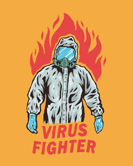 Medical workers in hazmat suits with flames behind