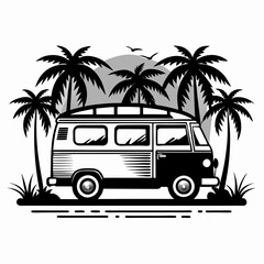 Vintage Beach Van Vector Black silhouette