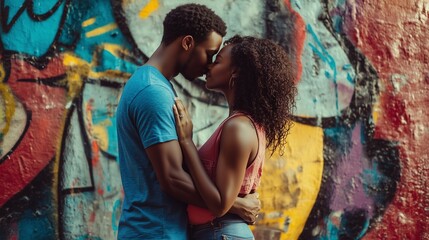 Fototapeta premium Romantic young African American couple tenderly hugging and kissing against graffiti wall. Lovers express love, tenderness and happiness. Urban style.