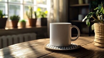 A plain white coffee mug with a matte finish sits on a wooden coaster on a rustic table. The cozy kitchen background has soft-focus potted plants and sunlight streaming through a window.