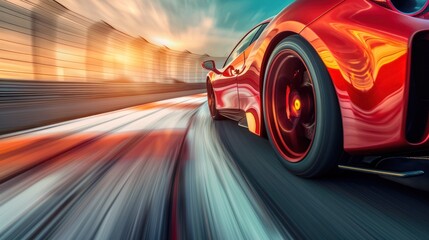 Red Sports Car Speeding on Race Track