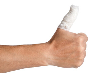 Hand with bandaged thumb raised on white background. Concept positivity.