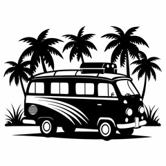Vintage Beach Van Vector Black silhouette