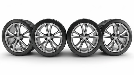 Fototapeta premium Four car wheels with aluminum rims are displayed against a white background, with ample space around each wheel, highlighting their design and finish.