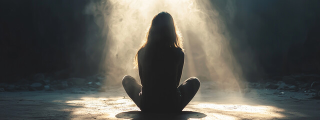 Framed by a beam of light, a pensive young woman sits in quiet contemplation in an air of profound meditation. Copy space. © Pink Badger