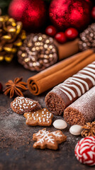 Festive Christmas sweets and cookies in holiday decor composition