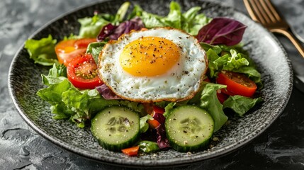 Fresh salad with poached egg on a marble table during daylight