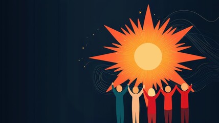 A vibrant illustration of diverse people celebrating under a radiant sun, symbolizing unity and positivity.