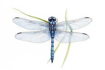 A detailed illustration of a blue dragonfly resting on green grass, showcasing its intricate wing patterns and vibrant colors.