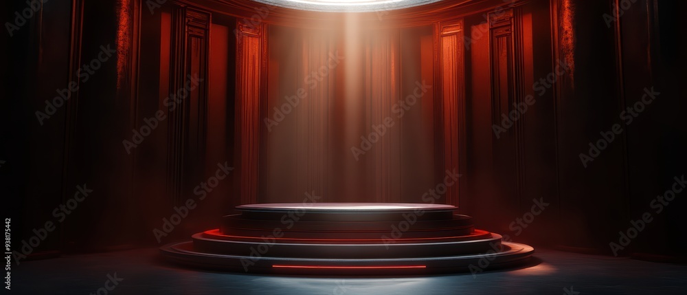 Poster a dramatic stage with a circular platform illuminated by a beam of light, creating an atmosphere of 